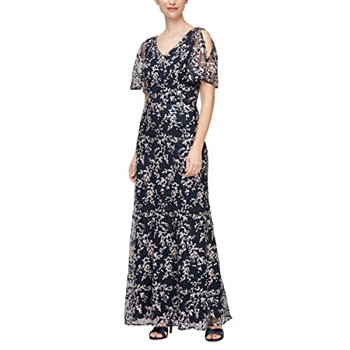 Alex Evenings Women's Long Mother of The Bride Sequin Dress with Cold Shoulder Flutter Sleeves (Petite and Regular Sizes), Navy and Pink, 12 - Image 4