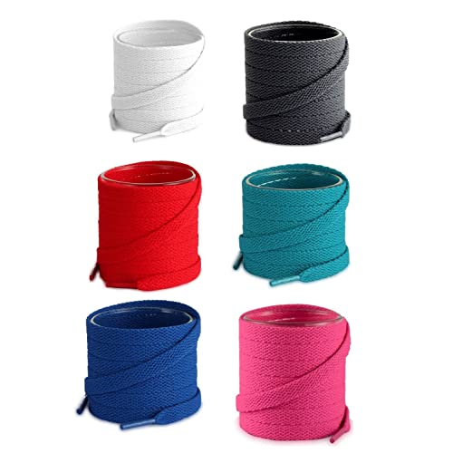 Lify Flat Shoelaces - 8MM (5/16" Inch) Wide - Shoe Laces for All Types Shoes & Sneakers- Vibrant Colors: - Set of 6 (150CM (59.05-Inch), White, Dark Grey, Red, Ocean Blue, Royal Blue & Hot Pink) - Image 1