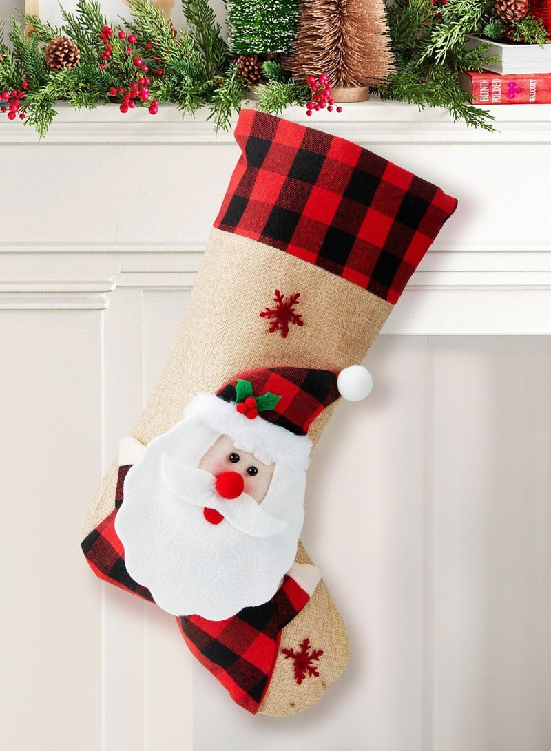 KASTWAVE 18" Stocking Santa Burlap Plaid Xmas Stocking Holiday Decoration Gifts for Snowflake Santa Snowman Reindeer and Plush Faux Fur Cuff Family Pack Stockings - Image 1
