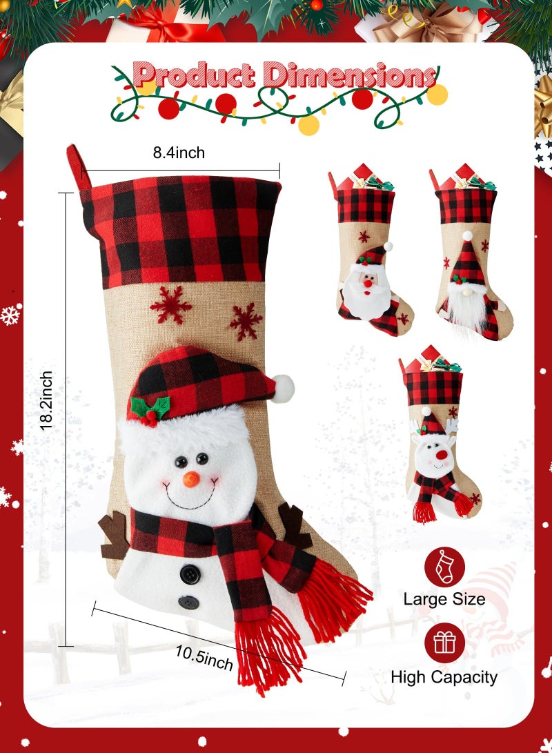 KASTWAVE 18" Stocking Santa Burlap Plaid Xmas Stocking Holiday Decoration Gifts for Snowflake Santa Snowman Reindeer and Plush Faux Fur Cuff Family Pack Stockings - Image 2