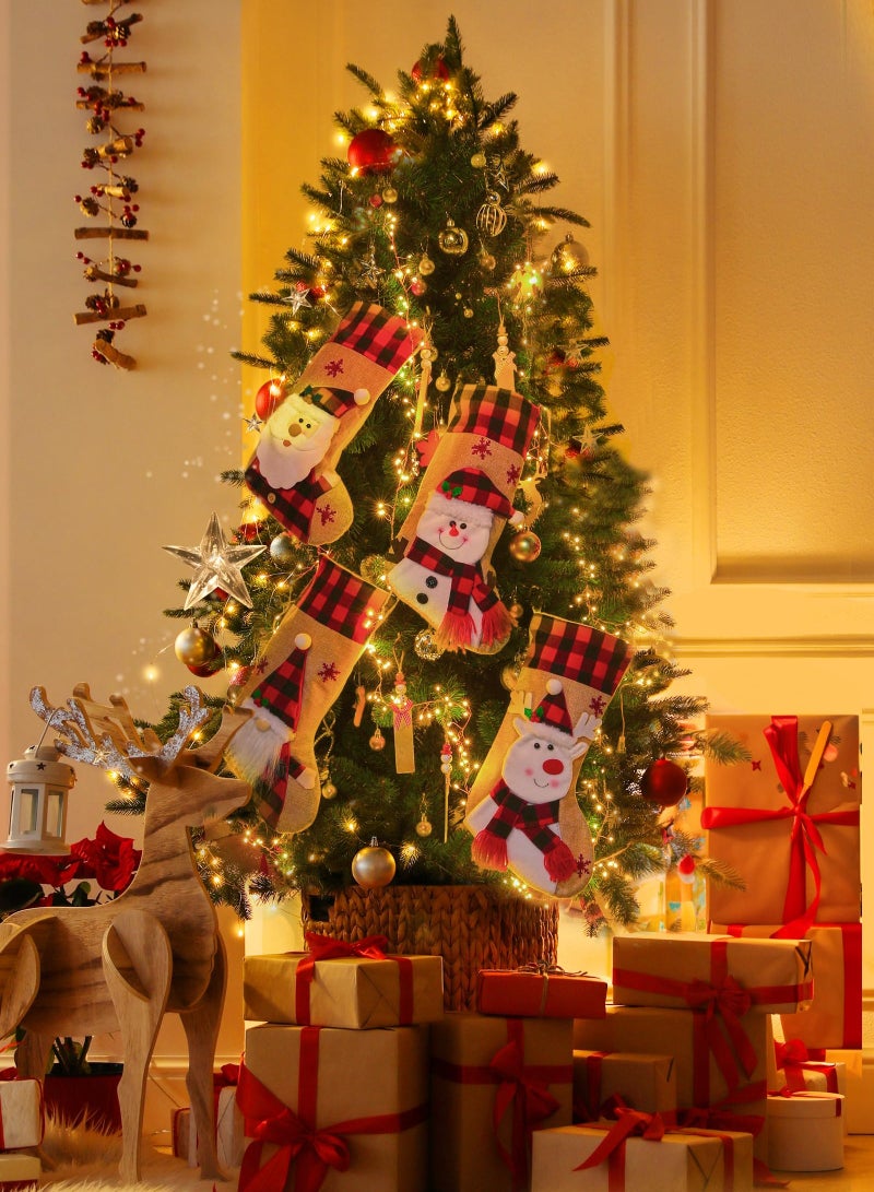 KASTWAVE 18" Stocking Santa Burlap Plaid Xmas Stocking Holiday Decoration Gifts for Snowflake Santa Snowman Reindeer and Plush Faux Fur Cuff Family Pack Stockings - Image 5