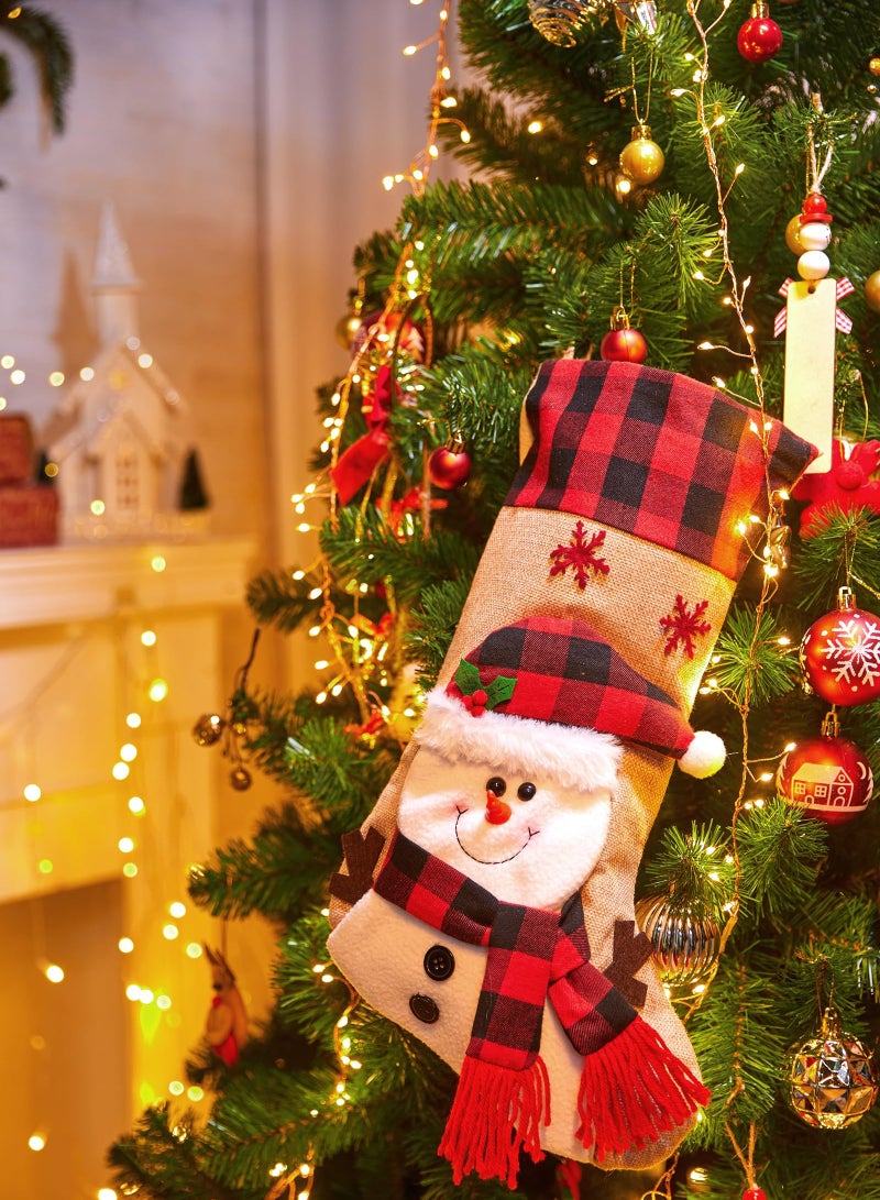 KASTWAVE 18" Stocking Santa Burlap Plaid Xmas Stocking Holiday Decoration Gifts for Snowflake Santa Snowman Reindeer and Plush Faux Fur Cuff Family Pack Stockings - Image 4