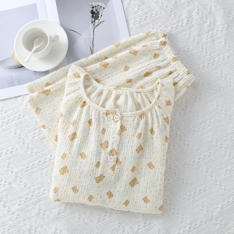 طقم بيجامة نسائي قطن شاش قصير الأكمام وشورت - Image 3