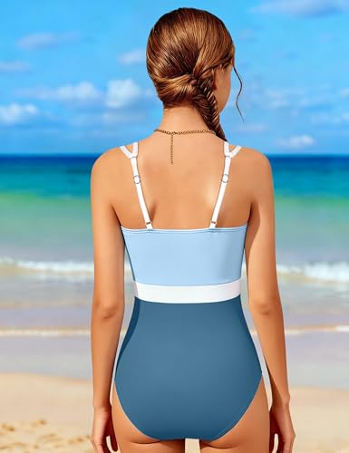 Qaoerde Girls Swimsuits Size 14-16 Teen Swimsuits for Girls Color Block One Piece Swimsuit Waist Cutout Bathing Suit Double Thin Shoulder Straps Swimwear Grey Blue 15-16Y - Image 3