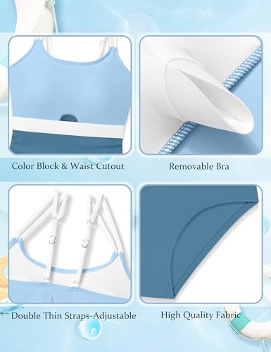 Qaoerde Girls Swimsuits Size 14-16 Teen Swimsuits for Girls Color Block One Piece Swimsuit Waist Cutout Bathing Suit Double Thin Shoulder Straps Swimwear Grey Blue 15-16Y - Image 5