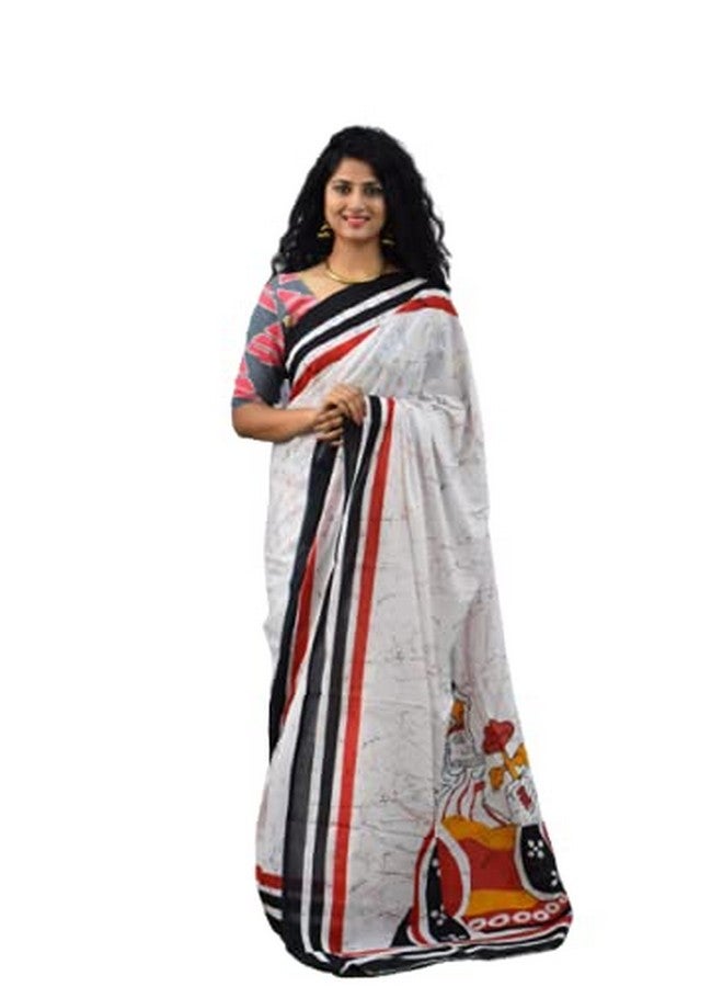 Kiaaron Kiaaron Women's Ikat Hand Block Print Jaipuri Cotton Mulmul Saree with Blouse Piece -White_SupNew1096 - Image 1