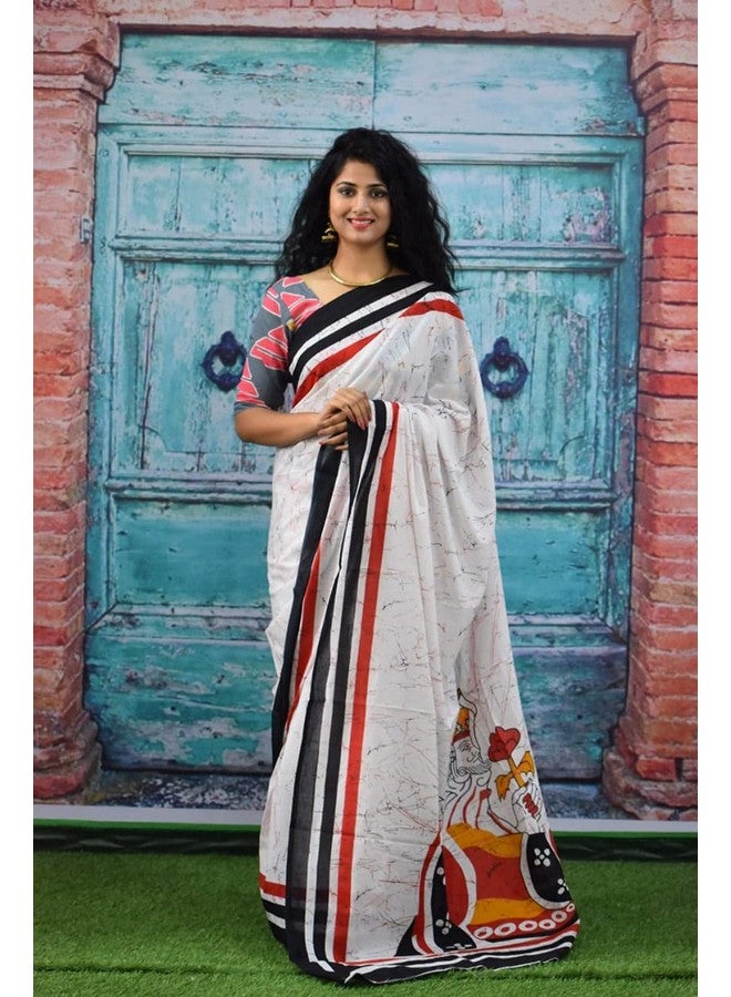 Kiaaron Kiaaron Women's Ikat Hand Block Print Jaipuri Cotton Mulmul Saree with Blouse Piece -White_SupNew1096 - Image 2
