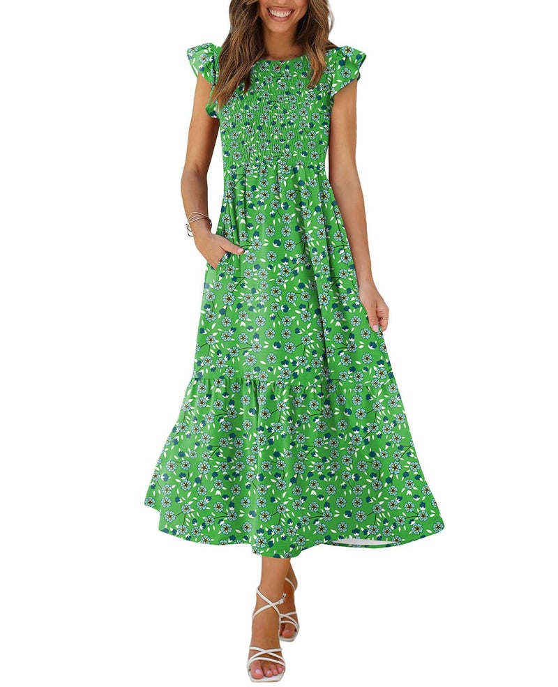 OFEEFAN Smocked Dress Women Maxi Dress Summer Dress Easter Dress St Patrick Green L - Image 1