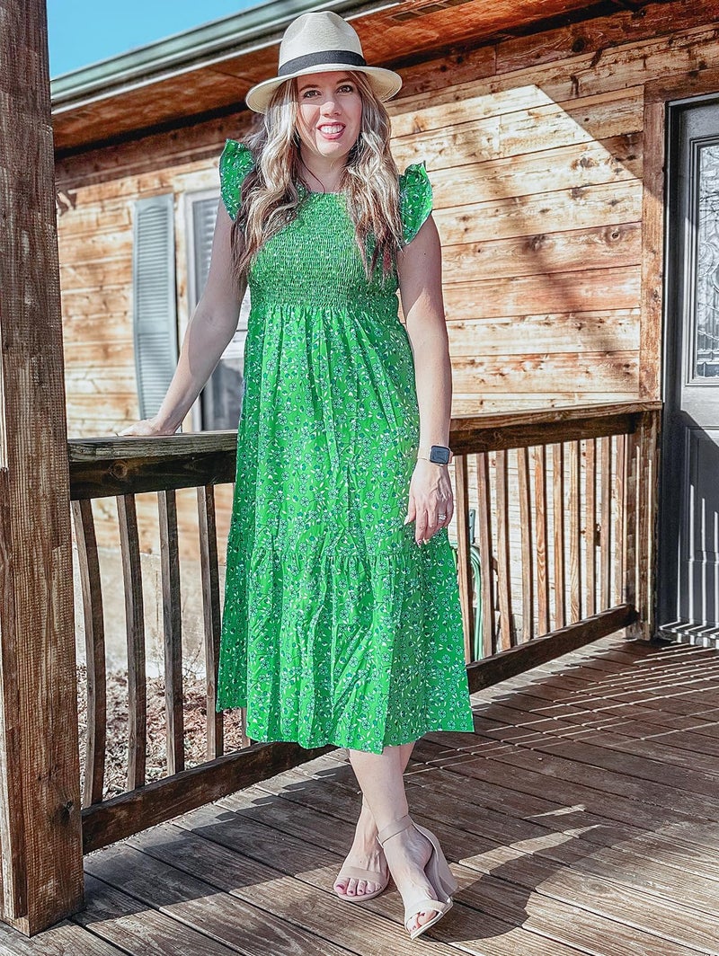 OFEEFAN Smocked Dress Women Maxi Dress Summer Dress Easter Dress St Patrick Green L - Image 2