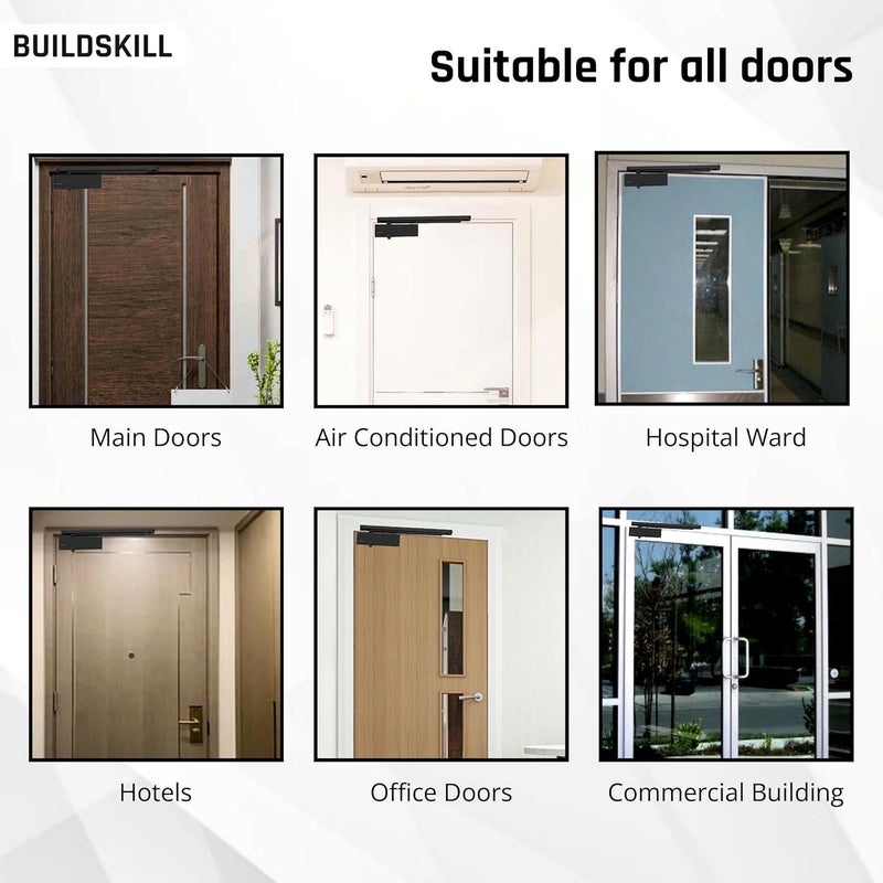 BUILDSKILL Hydraulic Door Closer with Pelmet Arm, Door Closer for Wooden Door, Aluminium, Metal Door, Automatic Door Closer for Home, Door Stopper with Adjustable Speed, 85 Kg, Matt Black (Pack of 1) - Image 4