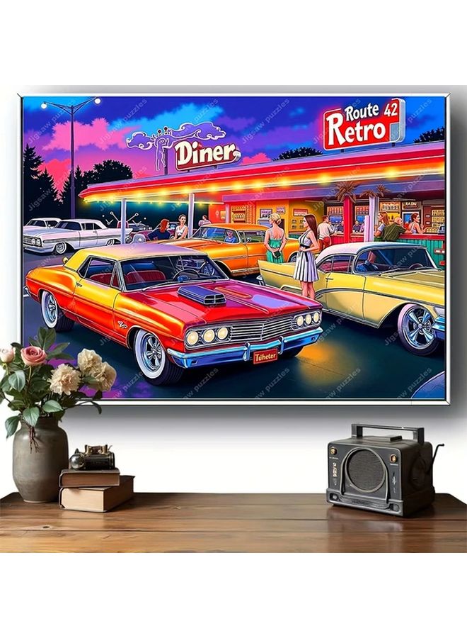 2000 Pieces Jigsaw Puzzles For Adults Retro Diner Scene With Classic Cars Neon Lights Wall Decor - Image 4