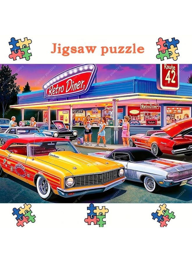 2000 Pieces Jigsaw Puzzles For Adults Retro Diner Scene With Classic Cars Neon Lights Wall Decor - Image 5
