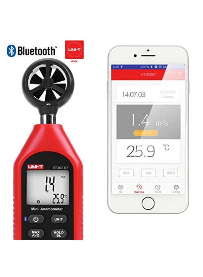 مقياس سرعة الرياح الرقمي UT363BT بحجم صغير وتقنية بلوتوث، مزود بميزان حرارة وشاشة LCD بإضاءة خلفية، لعرض بيانات الطقس بالحد الأدنى/الأقصى، مناسب للرياضات المائية والأنشطة الخارجية.  - Image 2