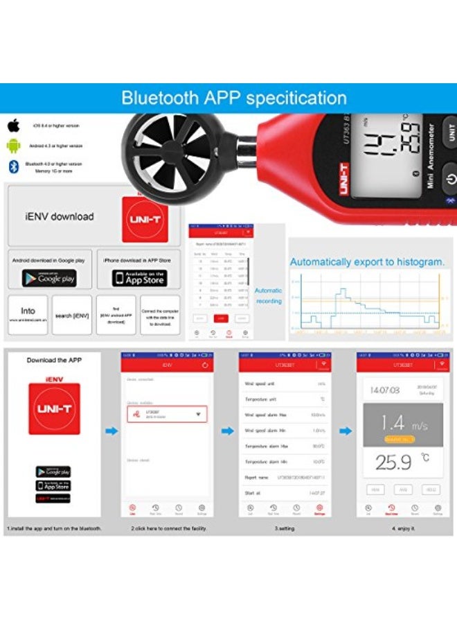 مقياس سرعة الرياح الرقمي UT363BT بحجم صغير وتقنية بلوتوث، مزود بميزان حرارة وشاشة LCD بإضاءة خلفية، لعرض بيانات الطقس بالحد الأدنى/الأقصى، مناسب للرياضات المائية والأنشطة الخارجية.  - Image 4