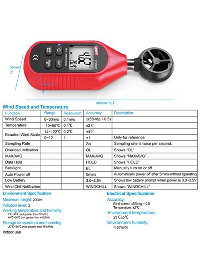 مقياس سرعة الرياح الرقمي UT363BT بحجم صغير وتقنية بلوتوث، مزود بميزان حرارة وشاشة LCD بإضاءة خلفية، لعرض بيانات الطقس بالحد الأدنى/الأقصى، مناسب للرياضات المائية والأنشطة الخارجية.  - Image 5