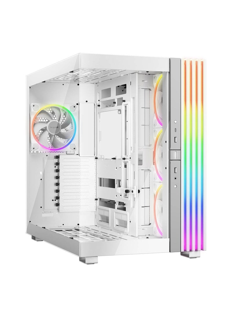 بي كوايت! هيكل كمبيوتر ARGB كامل البرج بقاعدة إضاءة 900FX، ألواح أمامية وجانبية من الزجاج المقسّى، 4 مراوح ARGB LightWings PWM بقطر 140 مم + شريط LED ARGB بطول 3 أمتار، تصميم قابل للعكس، حتى 10 فتحات للمراوح ودعم مشعاع مزدوج بقطر 420 مم، منفذ USB3.2 Gen2 Type-C، منفذا USB3.2 Type-A، صوت عالي الدقة - حامل VGA، موزعات مروحة/RGB وفلاتر غبار، أبيض | BGW72 - Image 1