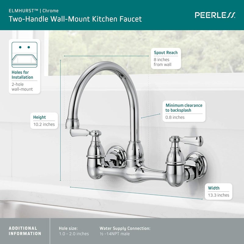 Peerless صنبور مطبخ بيرليس P2765LF إلمهرست ذو مقبضين مثبت على الحائط كروم - Image 3