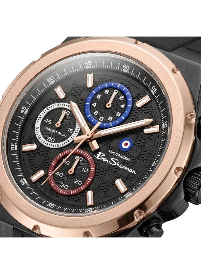 بين شيرمان Manchester  Black Dial Black Silicone Strap Chronograph Watch for Men, 43mm