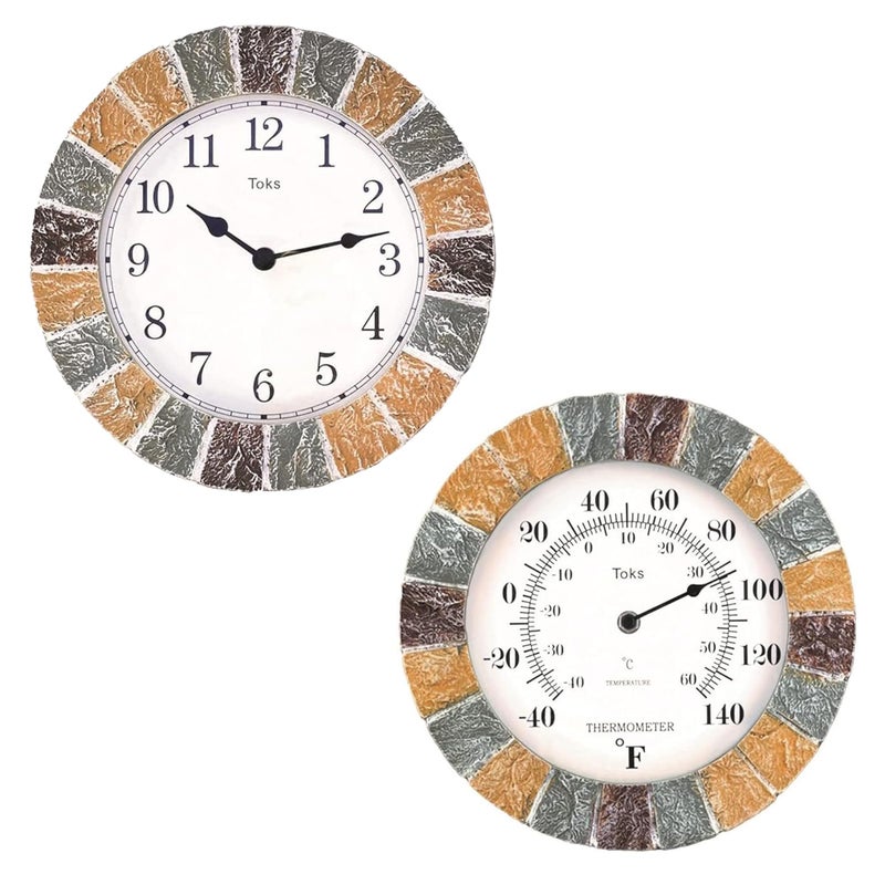 Lilys Home Indoor or Outdoor Large Hanging Wall Clock and Thermometer Set Made of Durable Polyresin Plastic 10 Inch Diameter Stone
