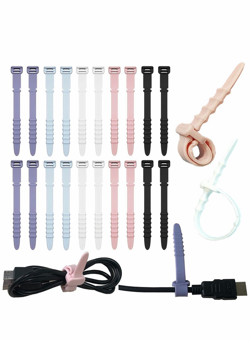 Cable Ties, Silicone Zip Ties, Reusable Zip Ties, Rubber Cable Ties Straps, for Wire Management, Elastic Cable Organizer, for Home Office Table Desk. 4.5”, 20pcs (White, Black, Pink, Purple, Blue) - Image 1