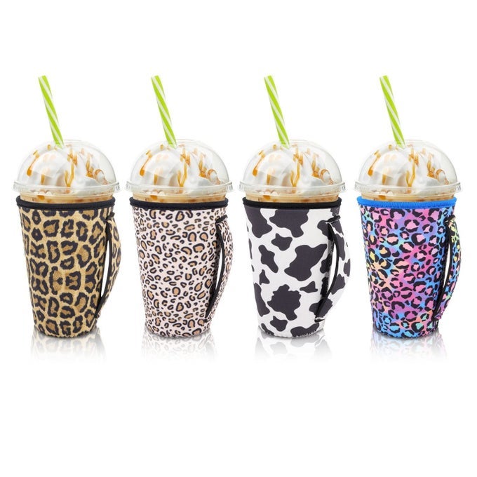 4PACK REUSABLE ICED COFFEE SLEEVE INSULATOR SLEEVES FOR COLD DRINKS BEVERAGES NEOPRENE CUP HOLDER FOR MOST COFFEE FITS 2224OZ MEDIUM CUPS PAW WITH HANDLE