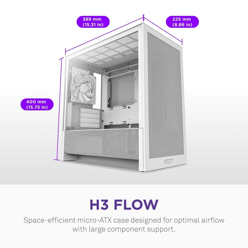 NZXT H3 Flow â€“ Micro-ATX PC Case â€“ Optimized Airflow â€“ Includes 1 x 120mm Rear Fan â€“ Supports Full-Sized GPUs â€“ Fits 280mm Front, 240mm Top Radiator â€“ Back-Connect Motherboard â€“ White - Image 2