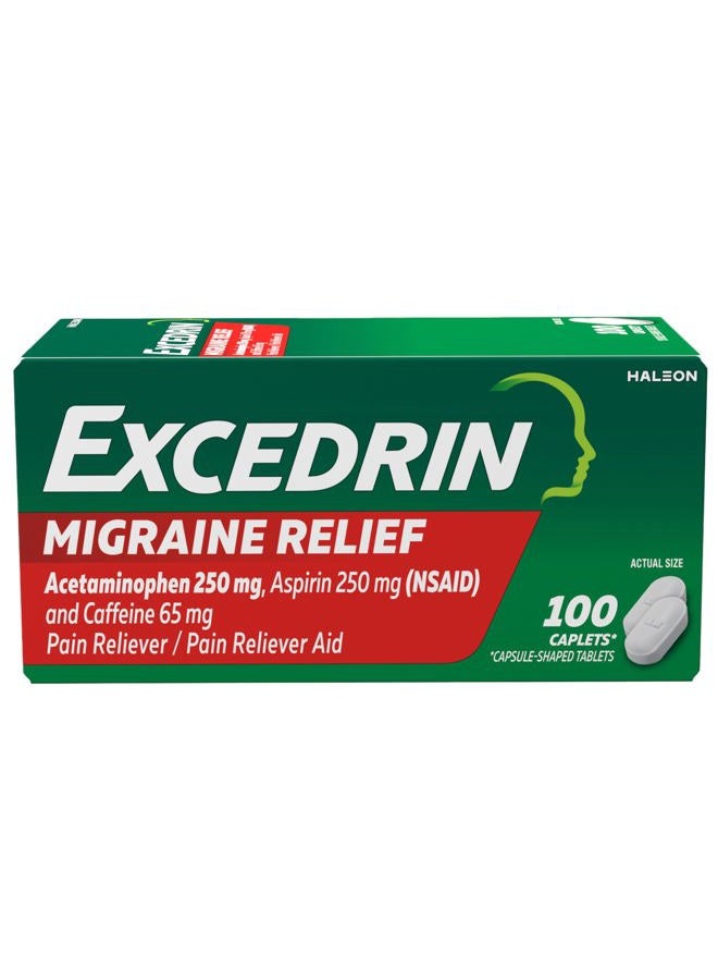 GlaxoSmithKline Excedrin Migraine Relief Caplets for Migraine Symptoms, Acetaminophen 250mg, Aspirin 250mg, Caffeine 65mg, Pain Reliever, 100 Count - Image 1