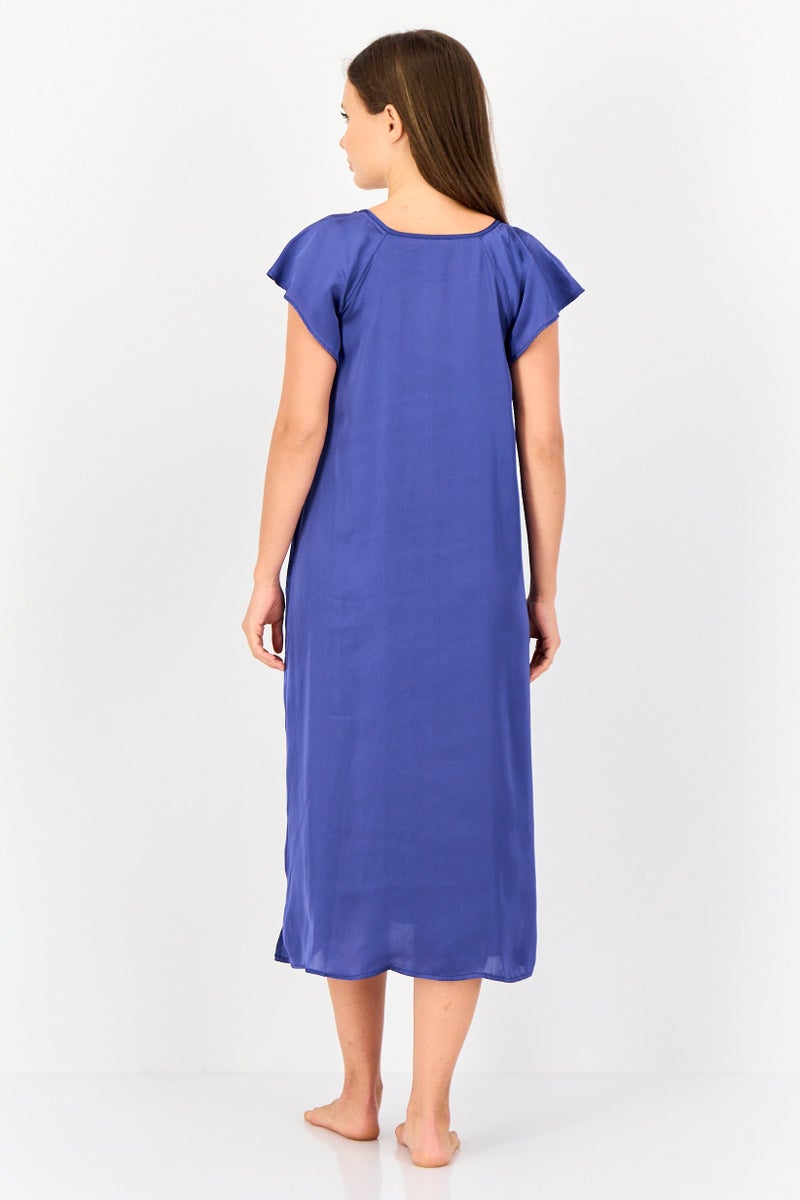 zivame Women Solid Short Sleeves Sleeping Dress, Navy - Image 3