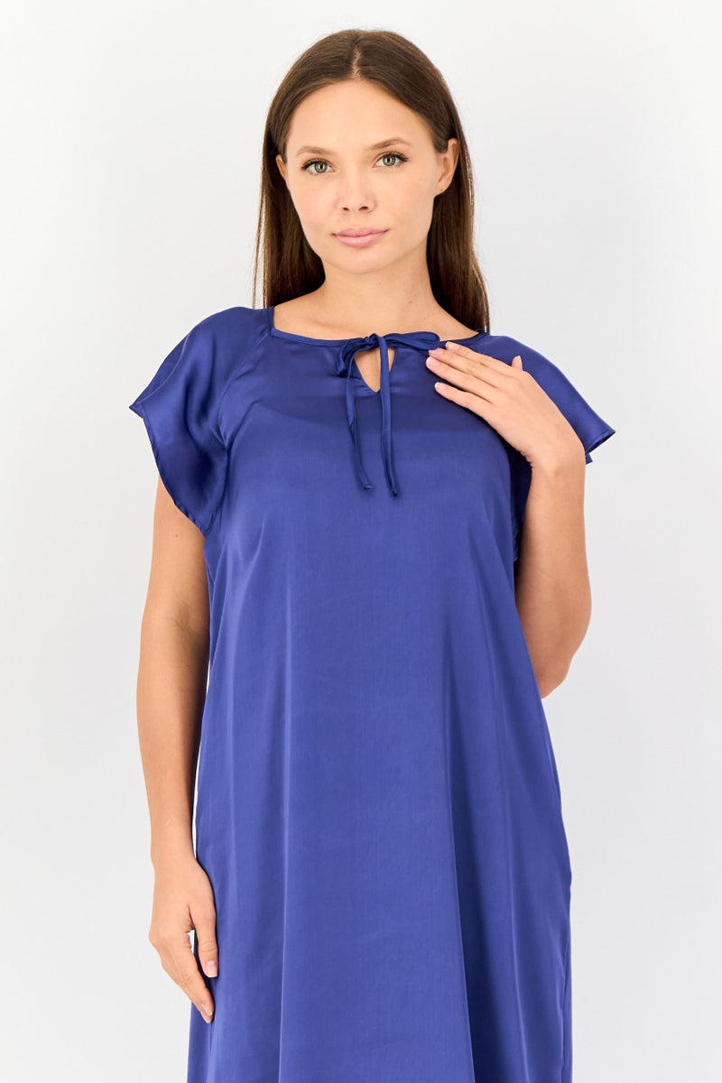 zivame Women Solid Short Sleeves Sleeping Dress, Navy - Image 4