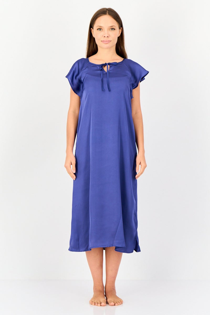 zivame Women Solid Short Sleeves Sleeping Dress, Navy - Image 1
