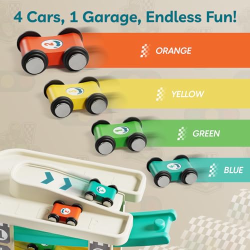 TOP Bright Toddler Wooden Race Track Car Ramp Toys for 1 2 Year Old Baby Motor Skills Race Tracks Car Ramp Vehicle Playsets with 4 Mini Cars and 1 Car Garage - Image 5