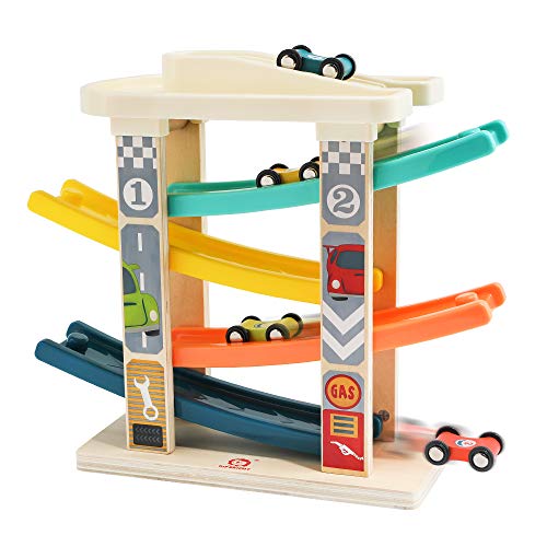 TOP Bright Toddler Wooden Race Track Car Ramp Toys for 1 2 Year Old Baby Motor Skills Race Tracks Car Ramp Vehicle Playsets with 4 Mini Cars and 1 Car Garage - Image 1