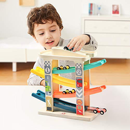 TOP Bright Toddler Wooden Race Track Car Ramp Toys for 1 2 Year Old Baby Motor Skills Race Tracks Car Ramp Vehicle Playsets with 4 Mini Cars and 1 Car Garage - Image 2