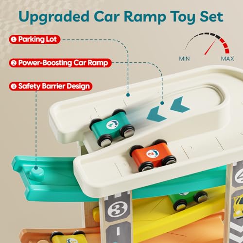 TOP Bright Toddler Wooden Race Track Car Ramp Toys for 1 2 Year Old Baby Motor Skills Race Tracks Car Ramp Vehicle Playsets with 4 Mini Cars and 1 Car Garage - Image 4