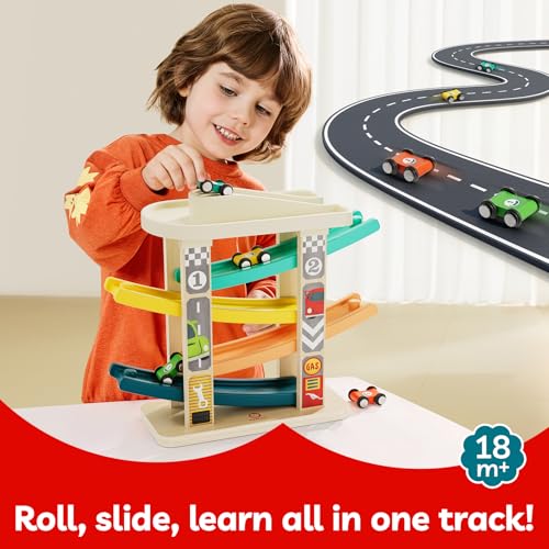 TOP Bright Toddler Wooden Race Track Car Ramp Toys for 1 2 Year Old Baby Motor Skills Race Tracks Car Ramp Vehicle Playsets with 4 Mini Cars and 1 Car Garage - Image 3