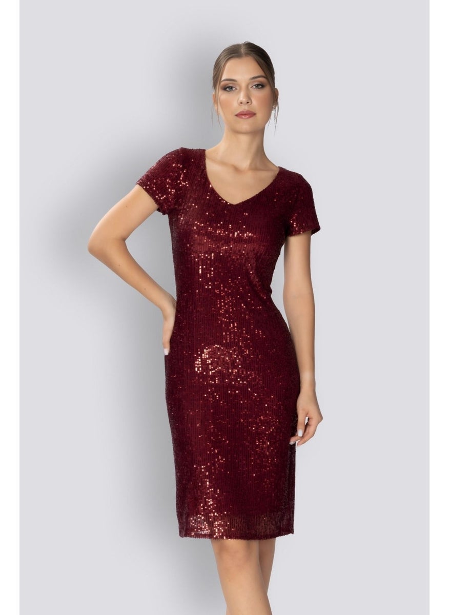 HOX'S Liana | Sequined Short Sleeve Knee Length Pencil Dress - Claret Red  - Image 1