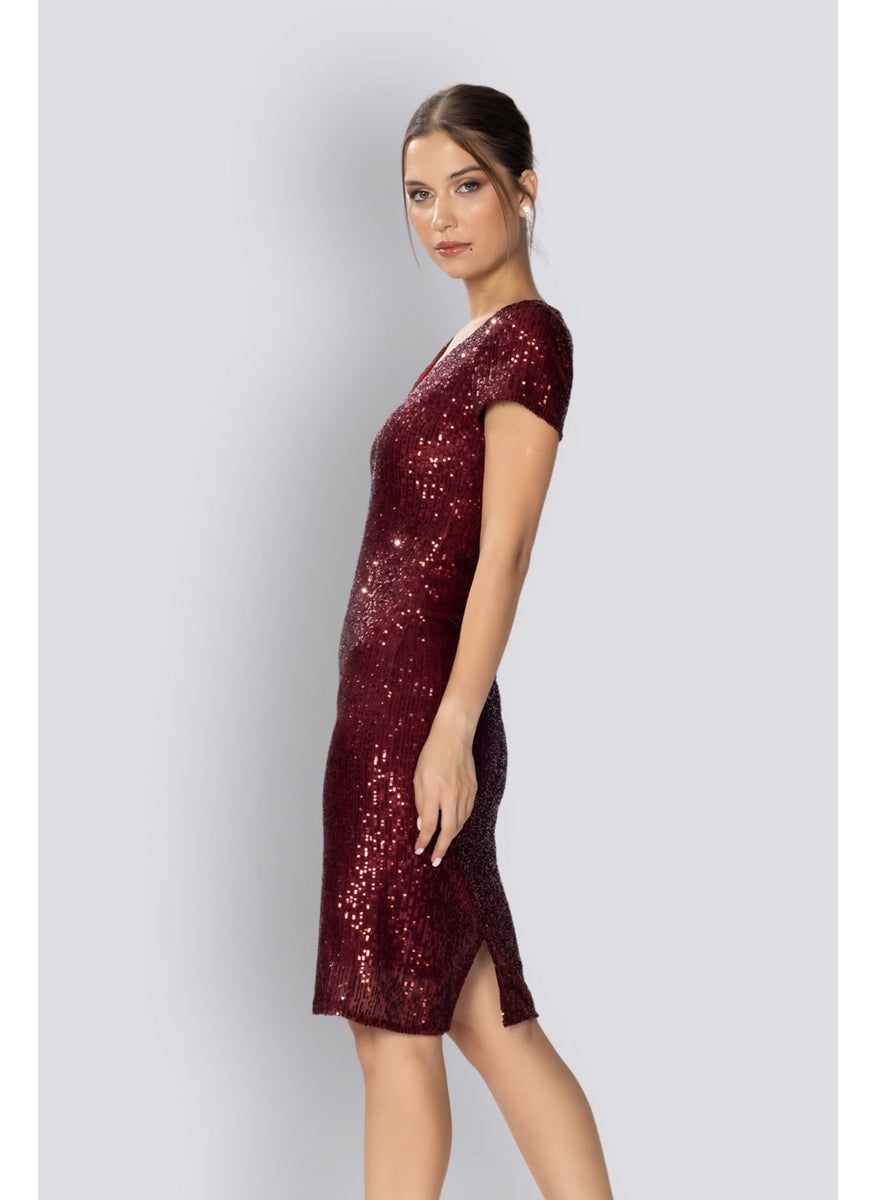 HOX'S Liana | Sequined Short Sleeve Knee Length Pencil Dress - Claret Red  - Image 5