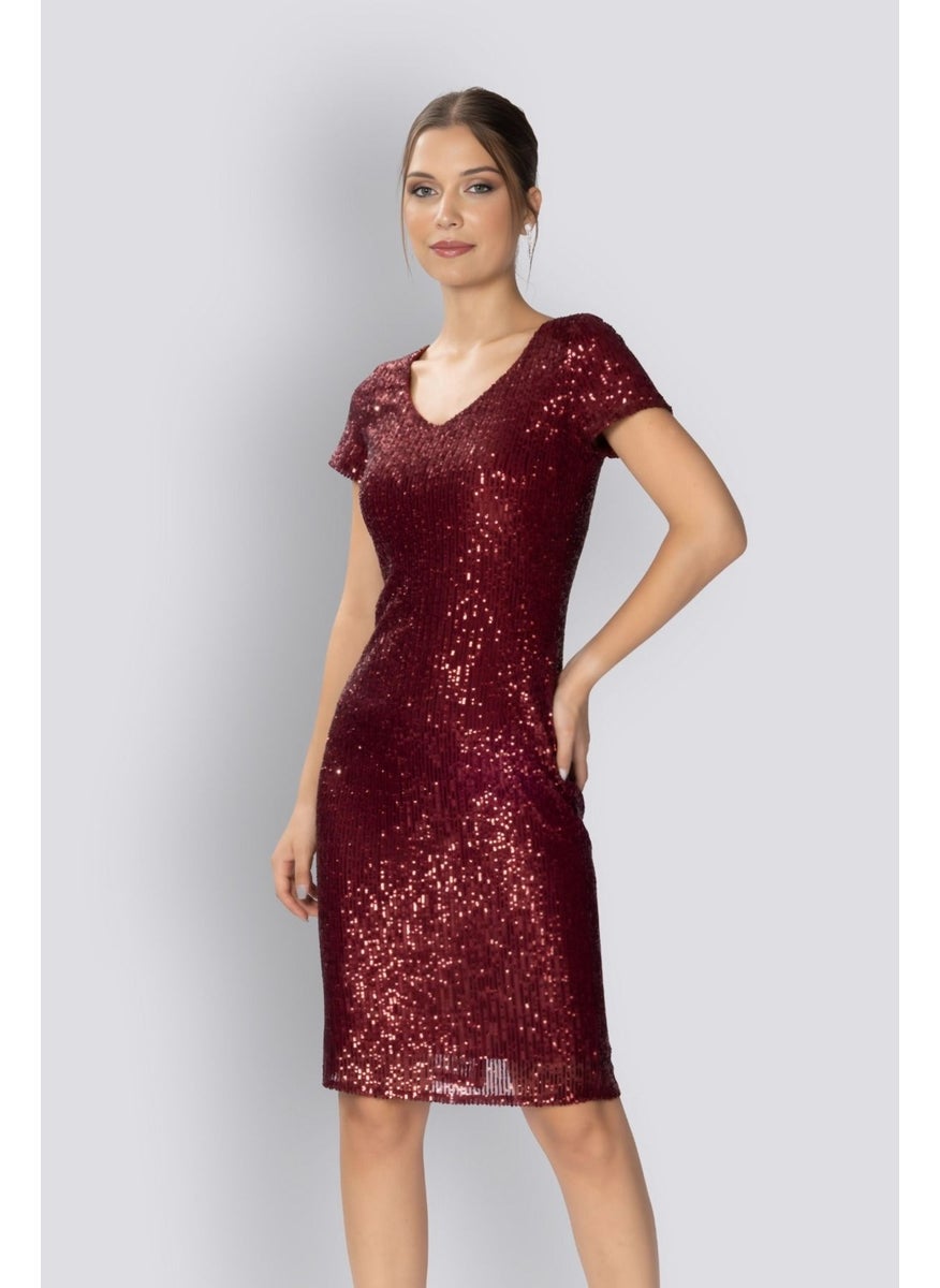 HOX'S Liana | Sequined Short Sleeve Knee Length Pencil Dress - Claret Red  - Image 4
