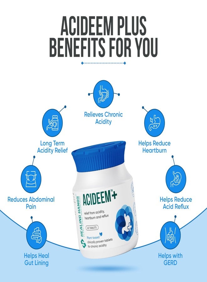 Healing Hands Acideem Plus Tablet for Relief in Chronic Acidity, Reflux and Abdominal Pain, Clinically Proven Plant Based Natural Solution, Herbal - 60 Tablets - Image 3