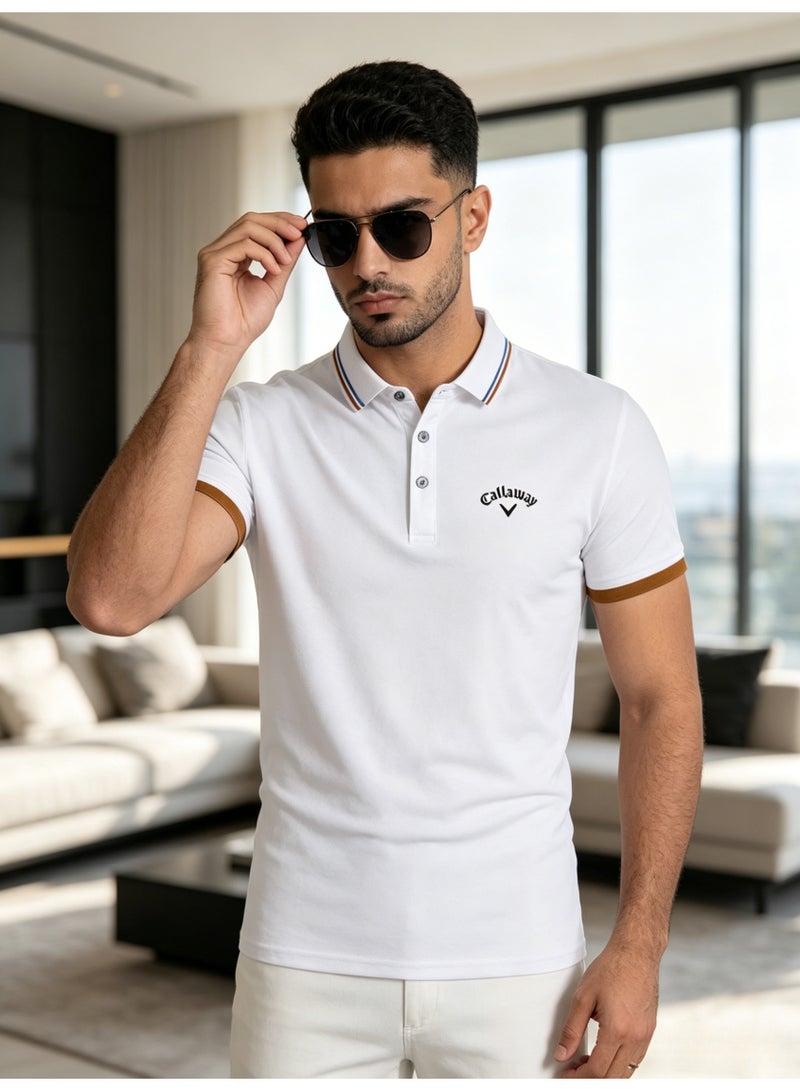 Callaway Men’s White Striped Collar Short Sleeve Golf Polo Shirt with Chest Logo - Image 4