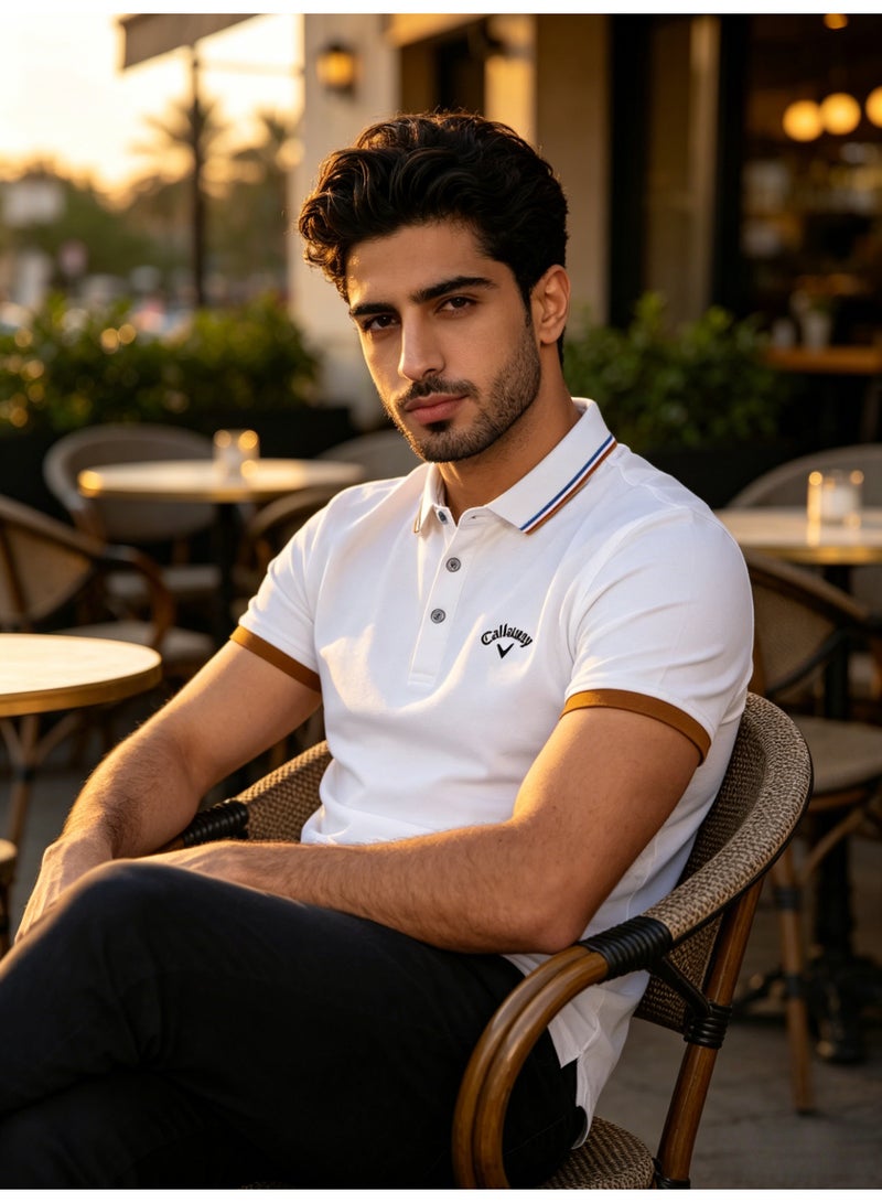 Callaway Men’s White Striped Collar Short Sleeve Golf Polo Shirt with Chest Logo - Image 5