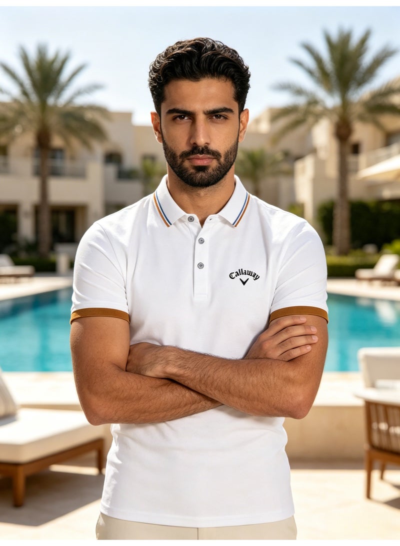 Callaway Men’s White Striped Collar Short Sleeve Golf Polo Shirt with Chest Logo - Image 3