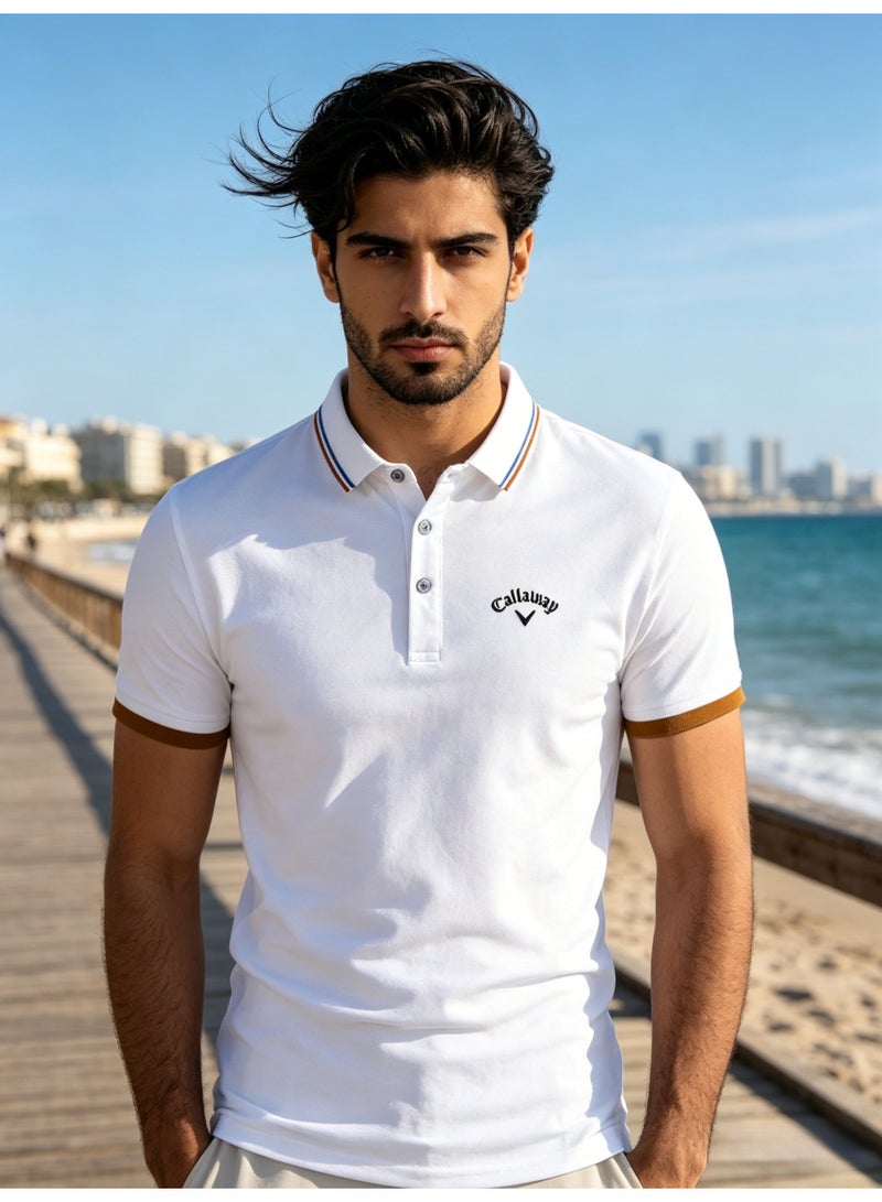 Callaway Men’s White Striped Collar Short Sleeve Golf Polo Shirt with Chest Logo - Image 1