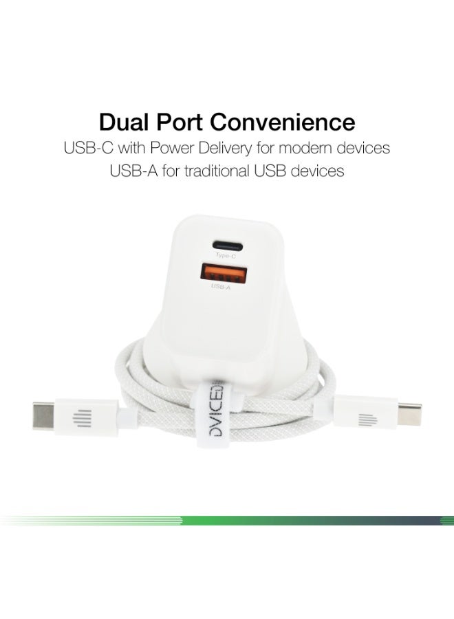 Dviced Wall charger and cable with 35W GaN-  1 USB-C 1 USB-A  UK plug - White - Image 4