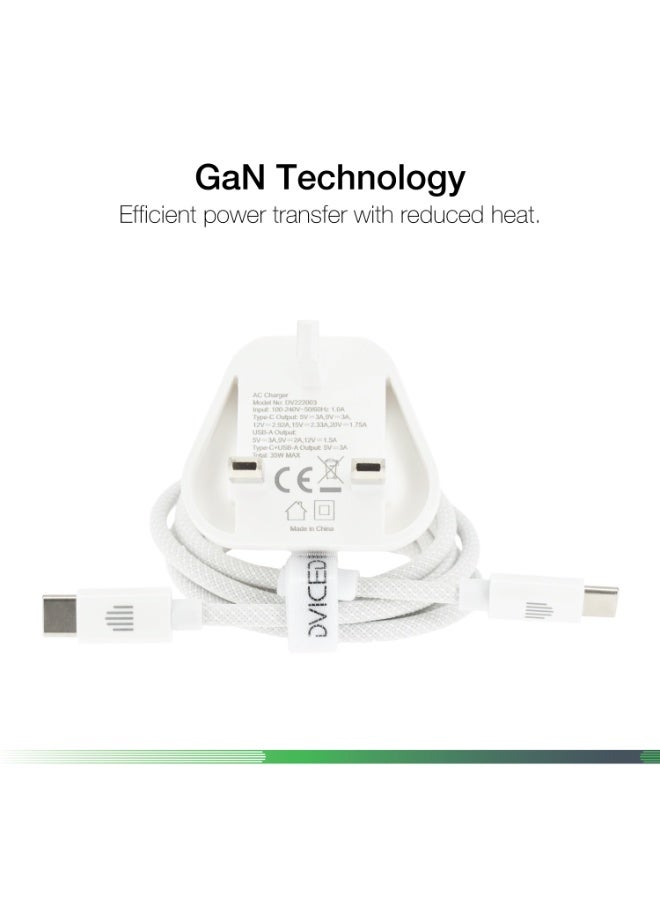 Dviced Wall charger and cable with 35W GaN-  1 USB-C 1 USB-A  UK plug - White - Image 3