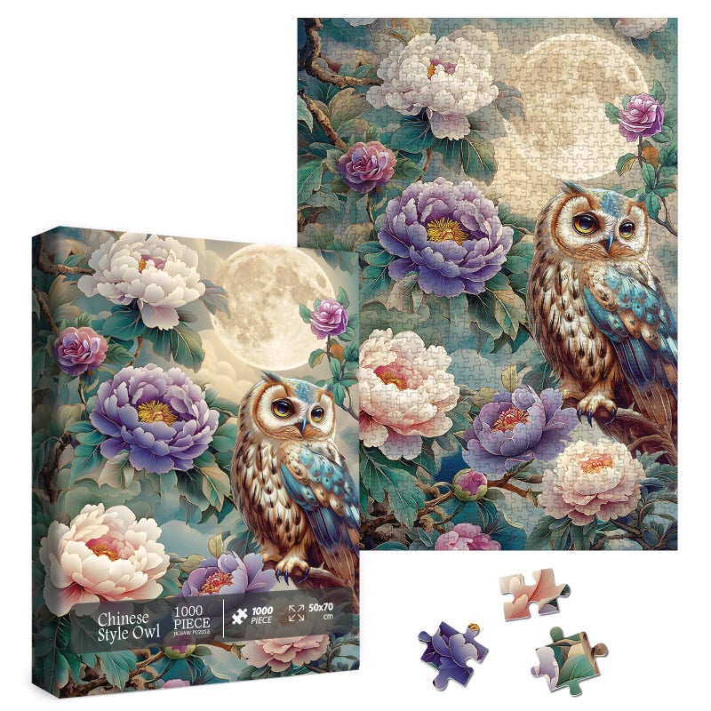 Larkipuzz Vintage Owl Puzzles for Adults 1000 Pieces Pretty Flower Bird Nature Plant Jigsaw Puzzles Art Beautiful Animal Moon Floral Peony Puzzle - Image 3