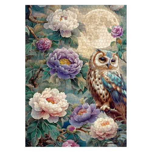 Larkipuzz Vintage Owl Puzzles for Adults 1000 Pieces Pretty Flower Bird Nature Plant Jigsaw Puzzles Art Beautiful Animal Moon Floral Peony Puzzle - Image 5