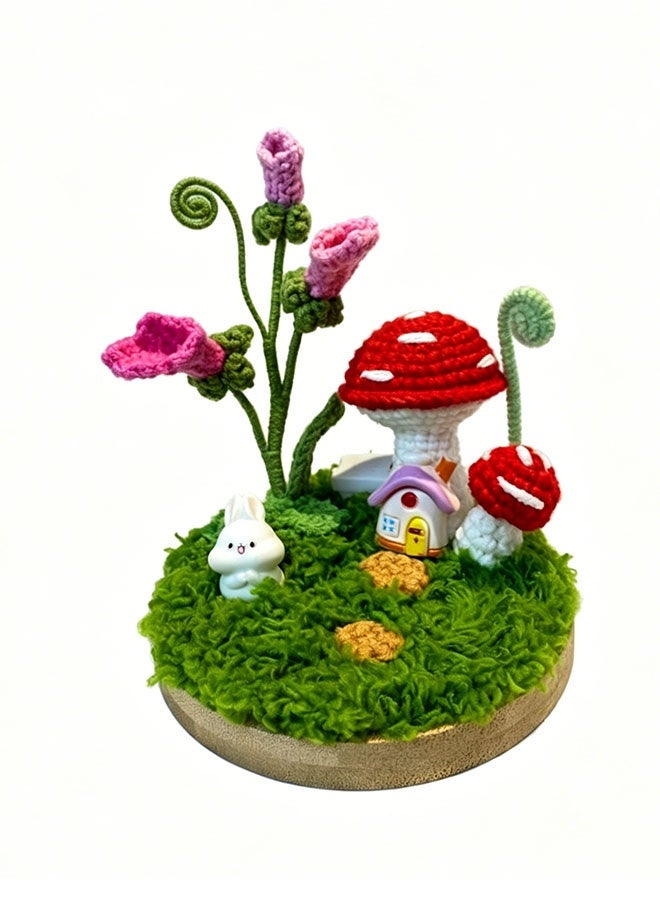 Beauenty Handmade Crochet Mushroom House Mini Landscape with Purple Bell Flowers & Bunny, Enchanted Forest Fairy Tale Desktop Ornament, Whimsical Home Decor for Bedroom, Unique Handcrafted Gift for Eid/Ramadan - Image 1