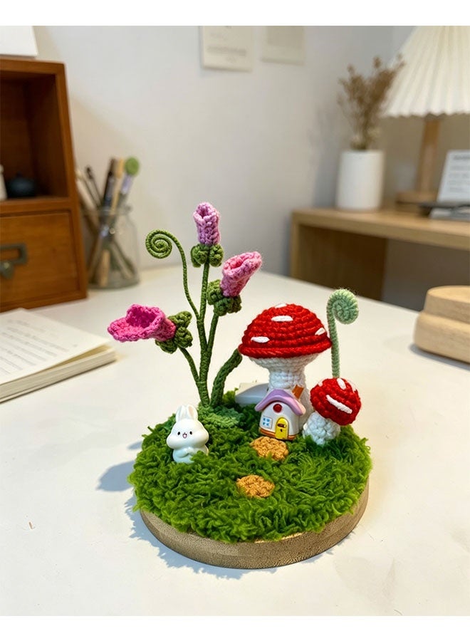 Beauenty Handmade Crochet Mushroom House Mini Landscape with Purple Bell Flowers & Bunny, Enchanted Forest Fairy Tale Desktop Ornament, Whimsical Home Decor for Bedroom, Unique Handcrafted Gift for Eid/Ramadan - Image 3