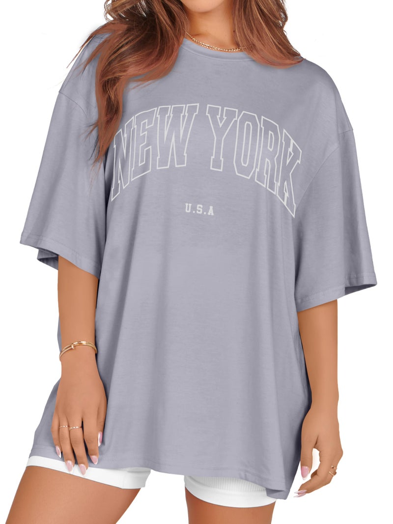 rosemia Oversized Tshirts for Women Summer Short Sleeve Round Neck Graphic Tee Shirt, Grey New York, L - Image 1